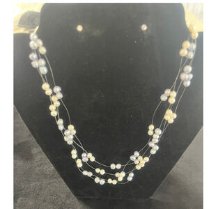 Grey & White Pearl Necklace, Multi-strand with Silver Lobster Clasp